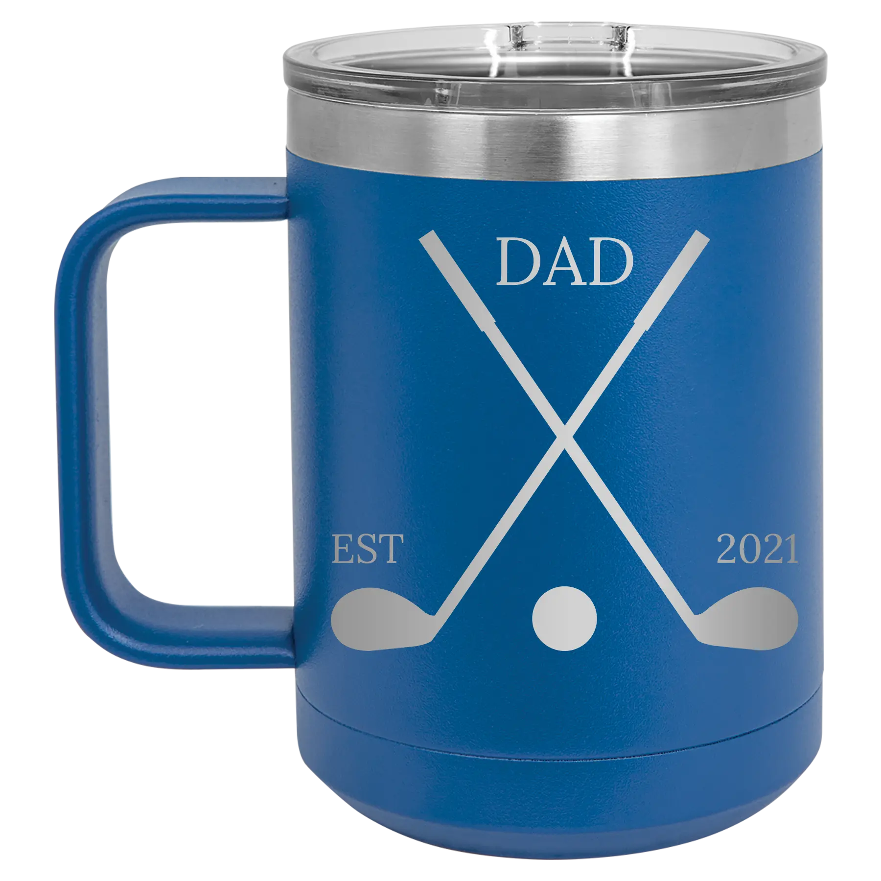 Personalized royal blue 15 oz vacuum insulated coffee mug with etched 'Dad Est Golf Clubs' design