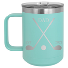 Personalized teal 15 oz vacuum insulated coffee mug with etched 'Dad Est Golf Clubs' design