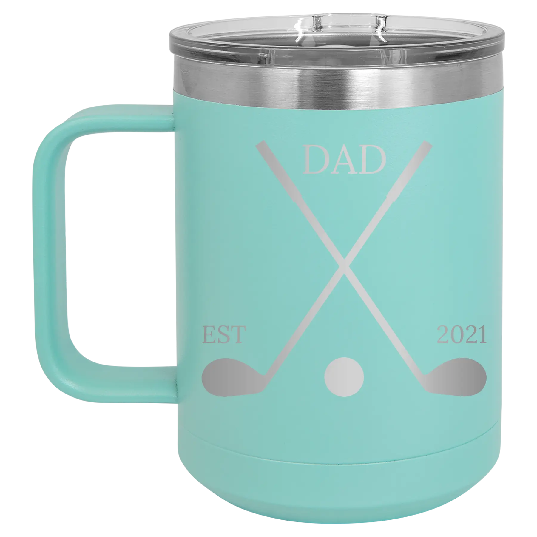 Personalized teal 15 oz vacuum insulated coffee mug with etched 'Dad Est Golf Clubs' design