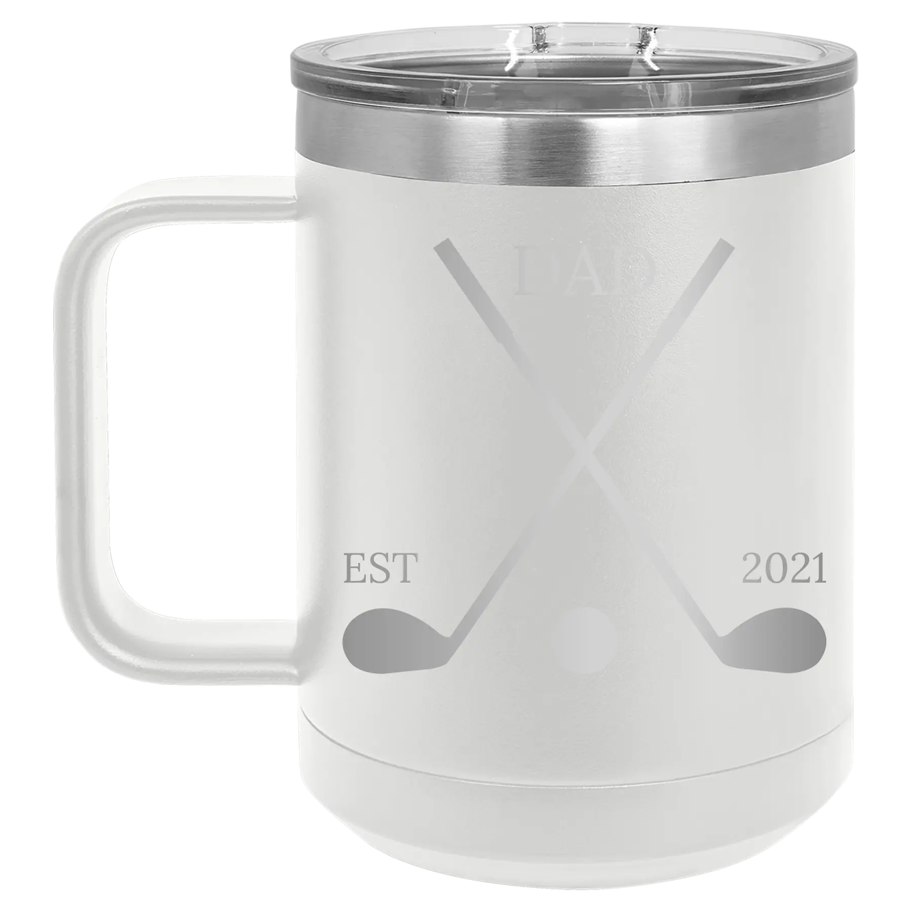 Personalized white 15 oz vacuum insulated coffee mug with etched 'Dad Est Golf Clubs' design