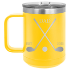 Personalized yellow 15 oz vacuum insulated coffee mug with etched 'Dad Est Golf Clubs' design