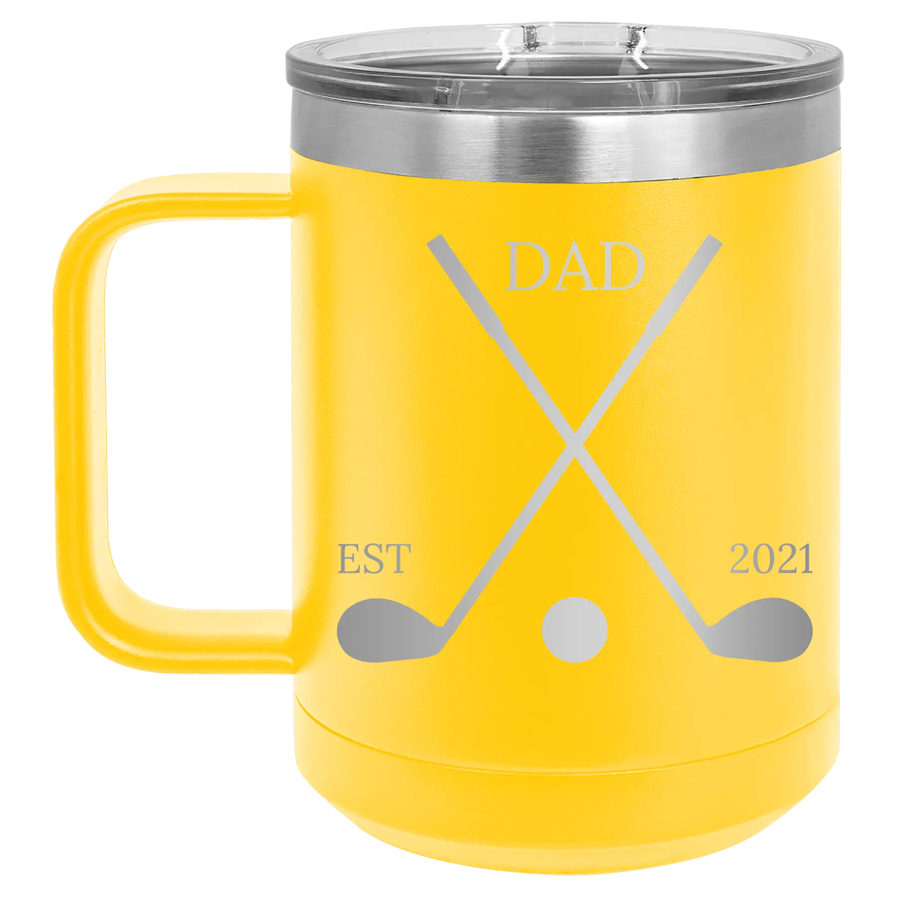 Personalized yellow 15 oz vacuum insulated coffee mug with etched 'Dad Est Golf Clubs' design