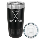 Laser etched black 20 oz vacuum insulated tumbler with 'Dad Est Golf Clubs' design
