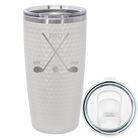 Laser etched white 20 oz golf dimples tumbler with 'Dad Est Golf Clubs' design