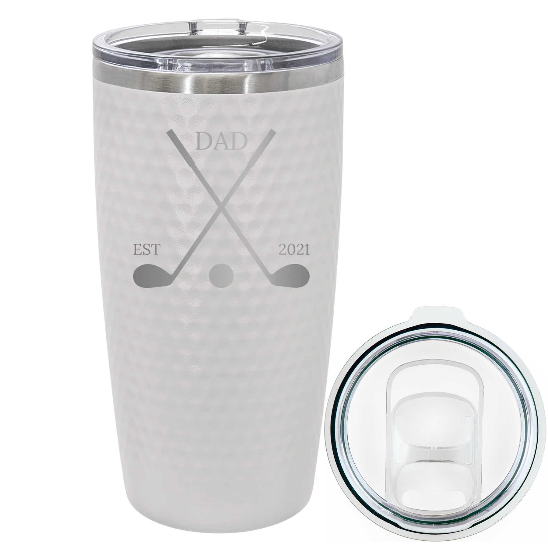 Laser etched white 20 oz golf dimples tumbler with 'Dad Est Golf Clubs' design