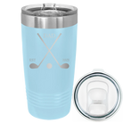 Laser etched light blue 20 oz vacuum insulated tumbler with 'Dad Est Golf Clubs' design