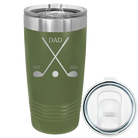 Laser etched olive green 20 oz vacuum insulated tumbler with 'Dad Est Golf Clubs' design