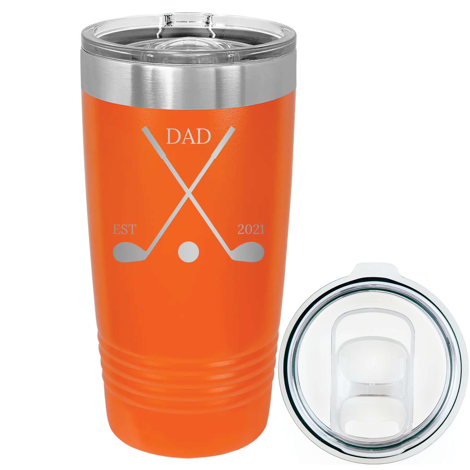 Laser etched orange 20 oz vacuum insulated tumbler with 'Dad Est Golf Clubs' design