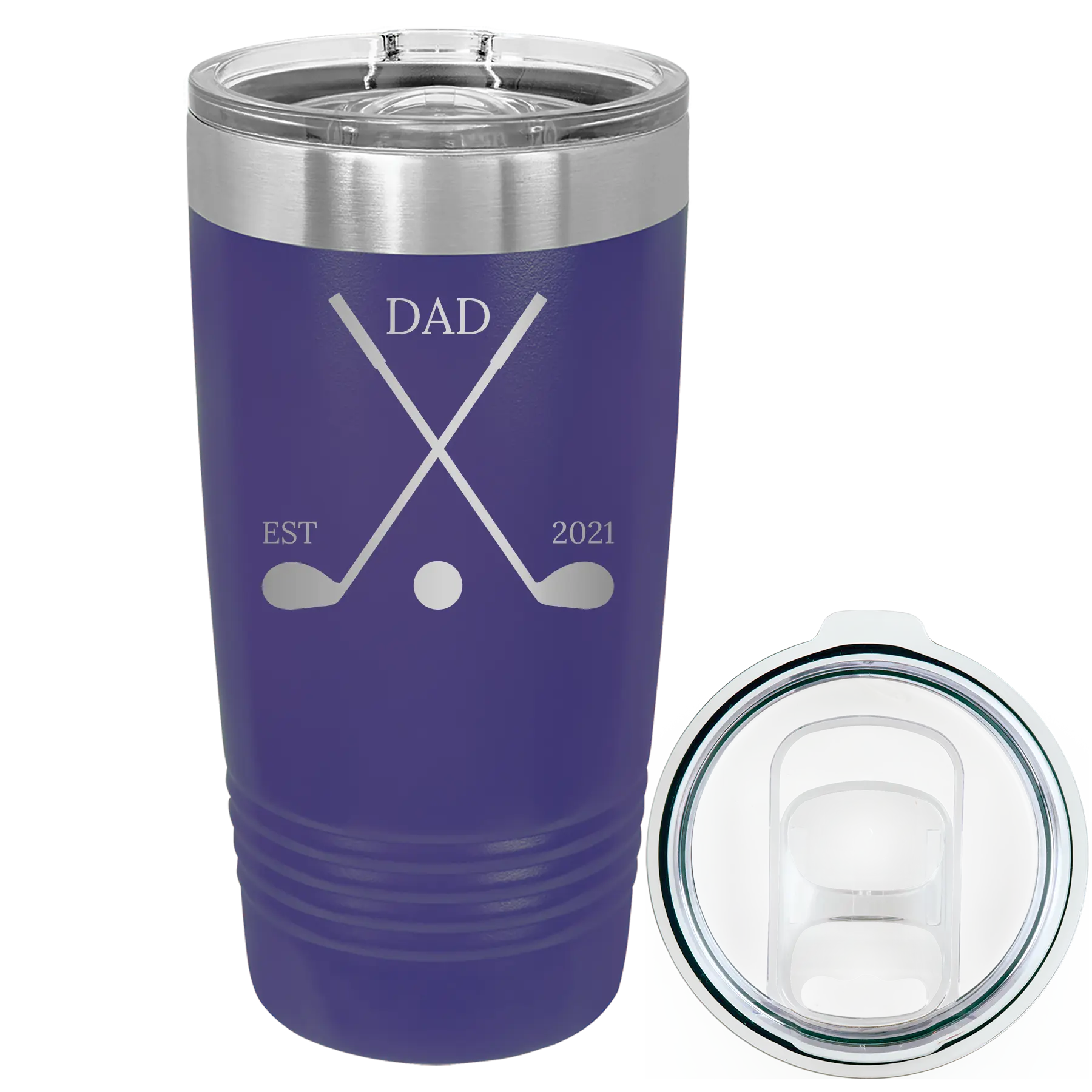 Laser etched purple 20 oz vacuum insulated tumbler with 'Dad Est Golf Clubs' design
