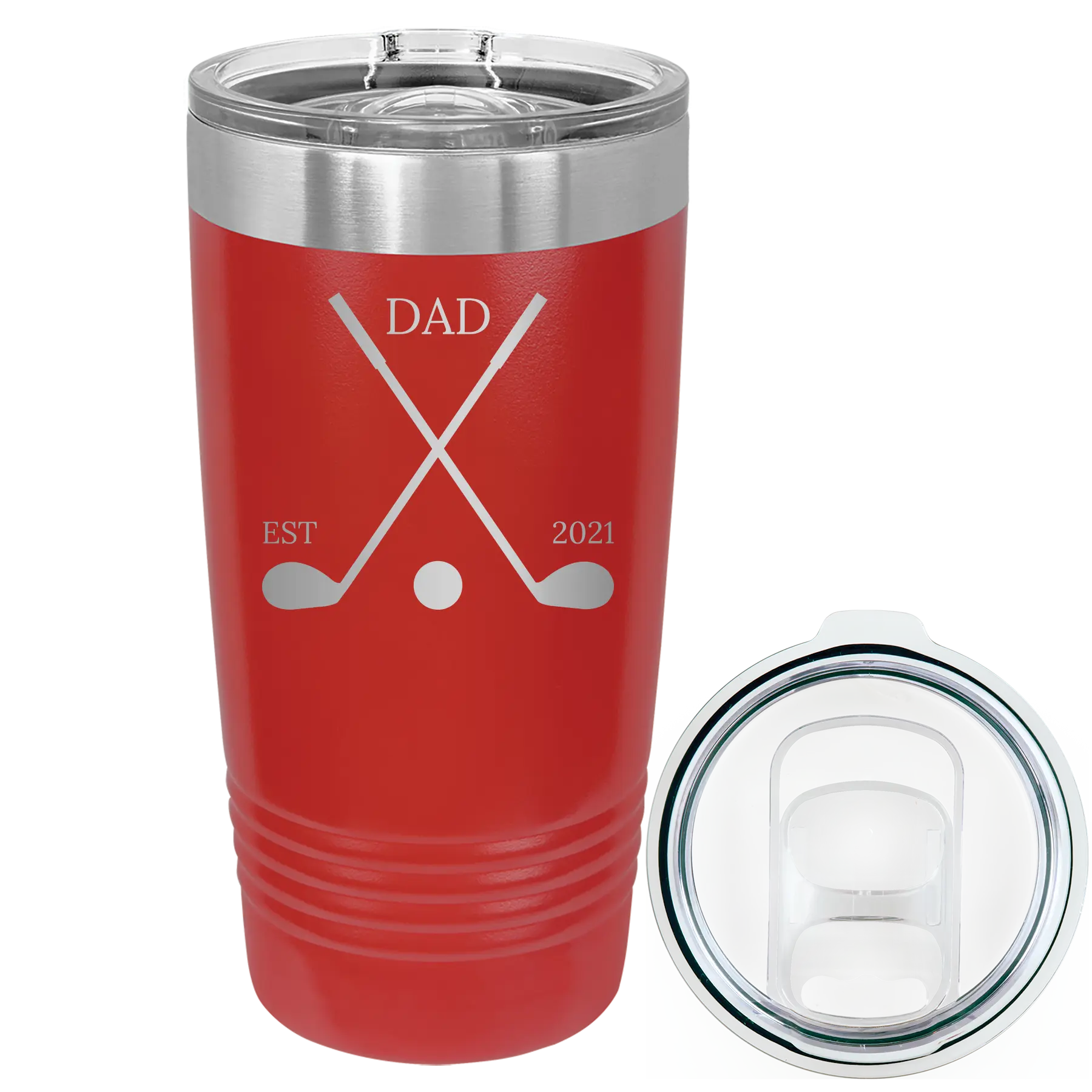 Laser etched red 20 oz vacuum insulated tumbler with 'Dad Est Golf Clubs' design