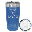 Laser etched royal blue 20 oz vacuum insulated tumbler with 'Dad Est Golf Clubs' design