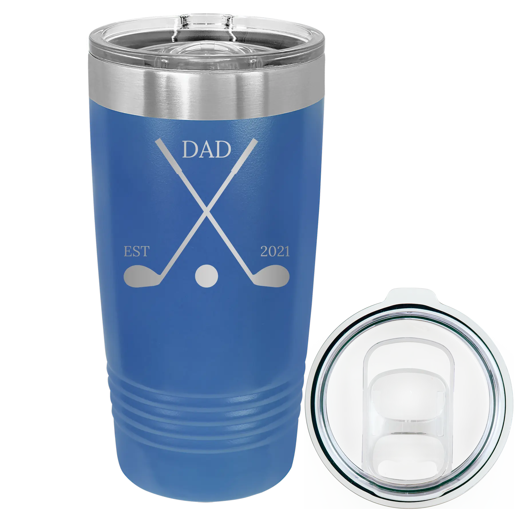 Laser etched royal blue 20 oz vacuum insulated tumbler with 'Dad Est Golf Clubs' design
