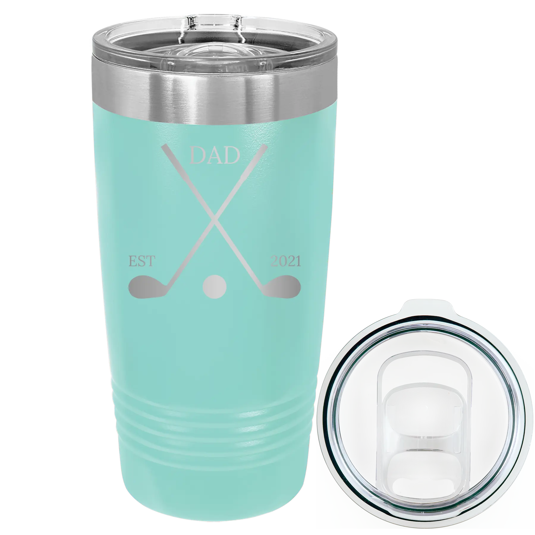 Laser etched teal 20 oz vacuum insulated tumbler with 'Dad Est Golf Clubs' design