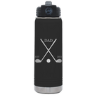 Laser etched black 20 oz vacuum insulated water bottle with 'Dad Est Golf Clubs' design