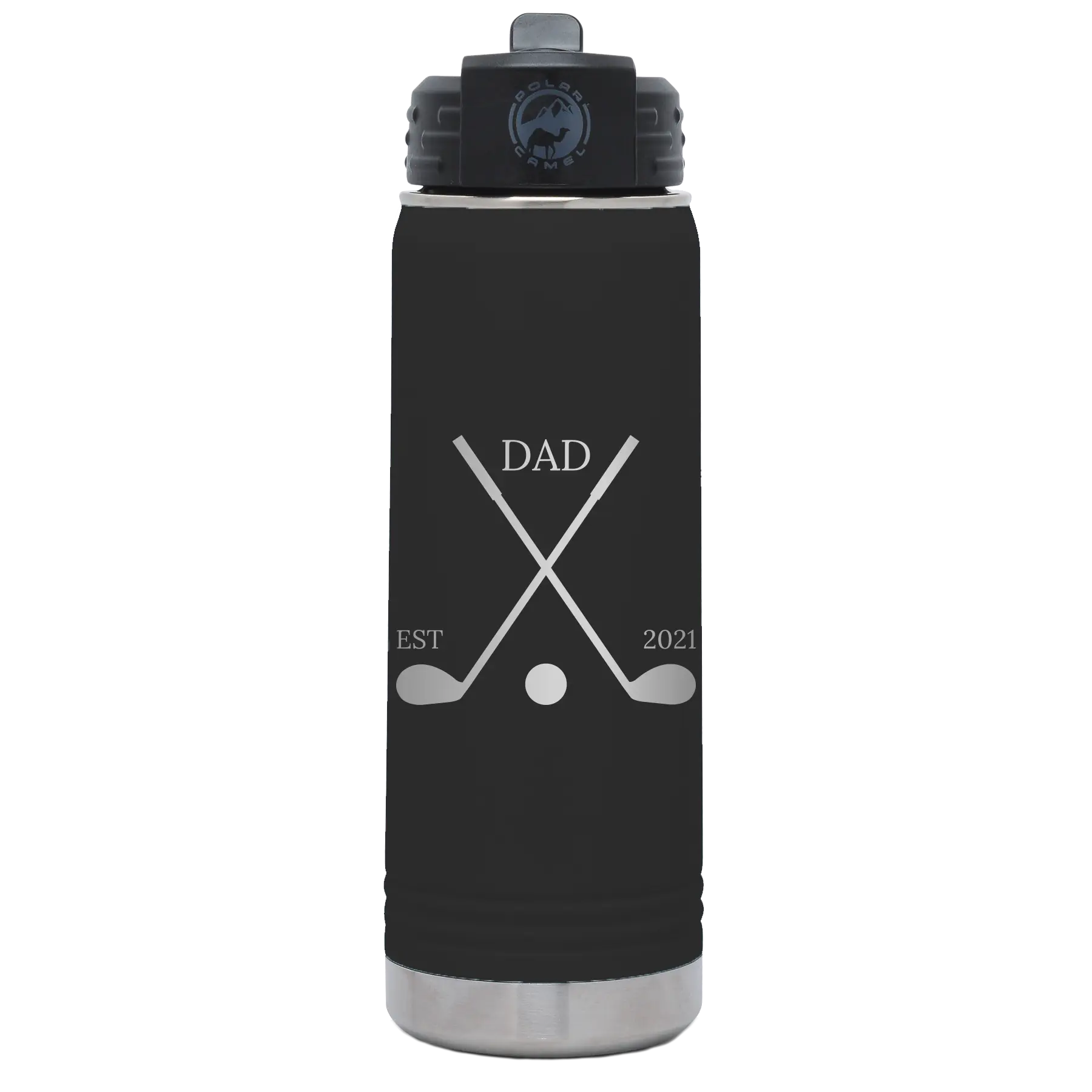 Laser etched black 20 oz vacuum insulated water bottle with 'Dad Est Golf Clubs' design