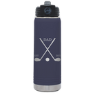 Laser etched navy 20 oz vacuum insulated water bottle with 'Dad Est Golf Clubs' design