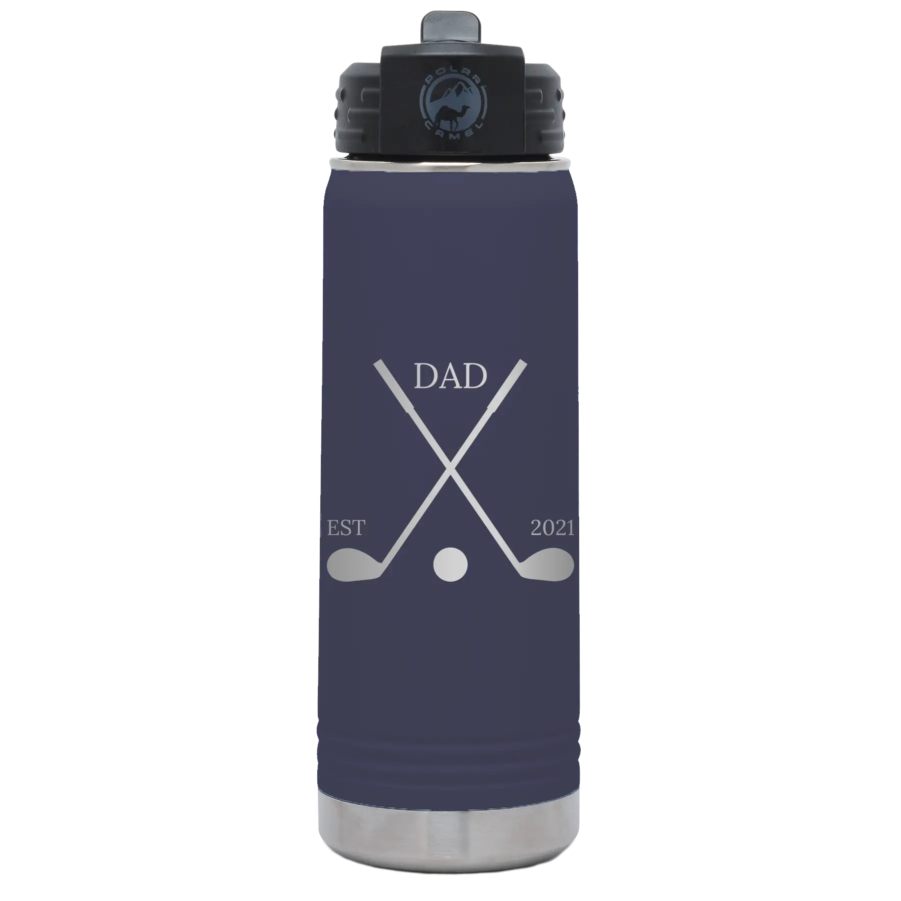Laser etched navy 20 oz vacuum insulated water bottle with 'Dad Est Golf Clubs' design