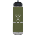Laser etched olive green 20 oz vacuum insulated water bottle with 'Dad Est Golf Clubs' design