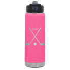 Laser etched pink 20 oz vacuum insulated water bottle with 'Dad Est Golf Clubs' design