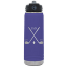 Laser etched purple 20 oz vacuum insulated water bottle with 'Dad Est Golf Clubs' design