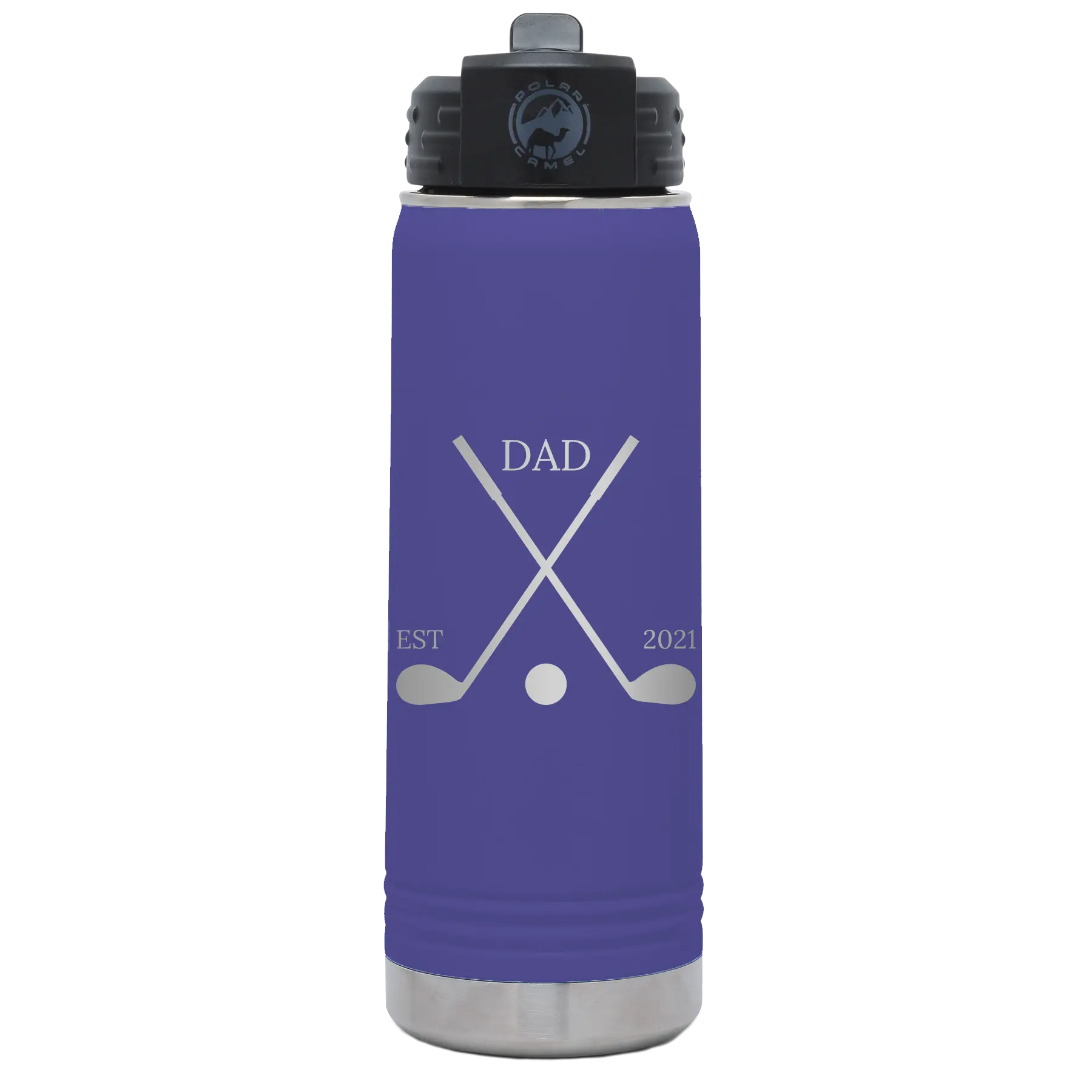 Laser etched purple 20 oz vacuum insulated water bottle with 'Dad Est Golf Clubs' design