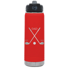 Laser etched red 20 oz vacuum insulated water bottle with 'Dad Est Golf Clubs' design