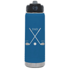 Laser etched royal blue 20 oz vacuum insulated water bottle with 'Dad Est Golf Clubs' design