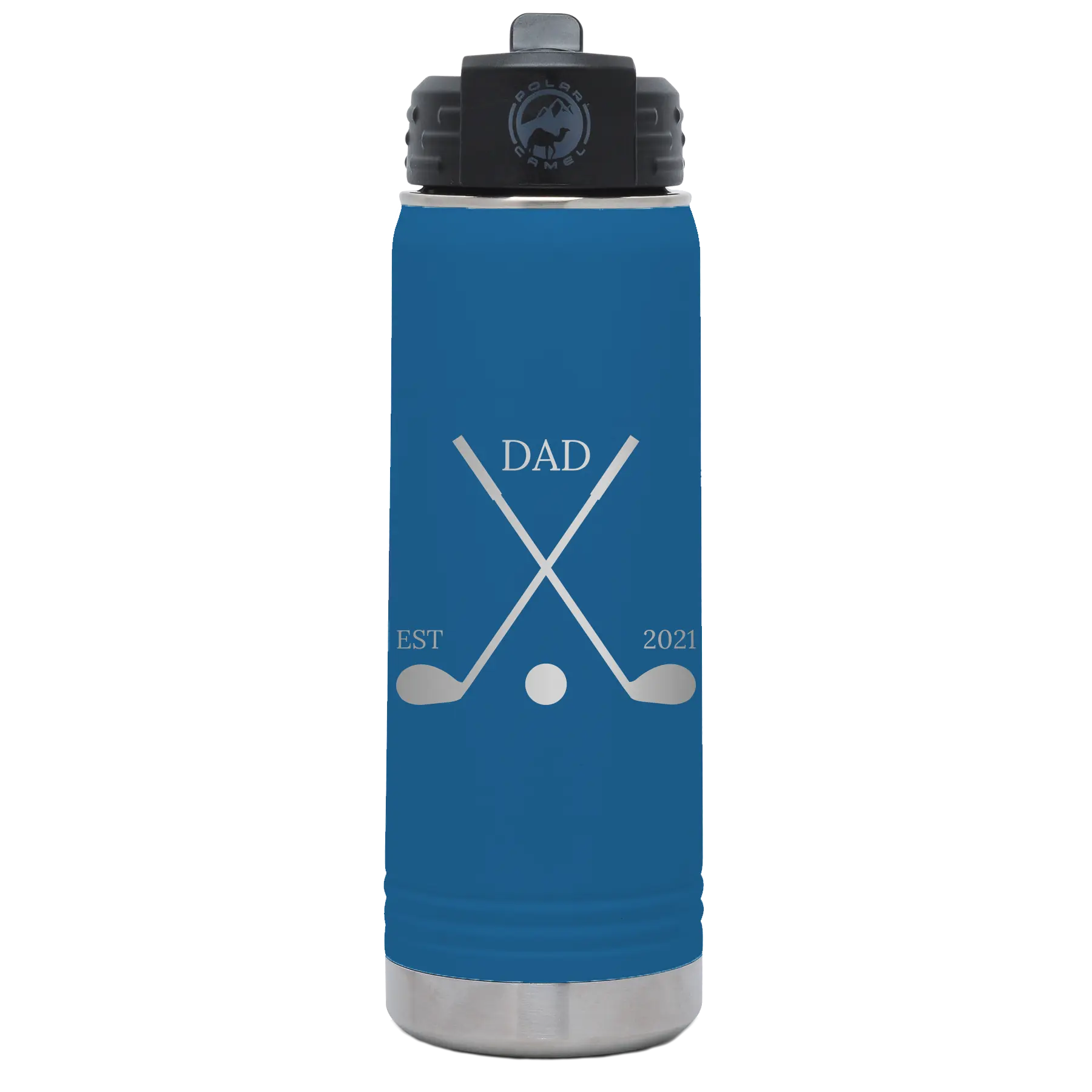 Laser etched royal blue 20 oz vacuum insulated water bottle with 'Dad Est Golf Clubs' design