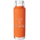 Laser etched orange 24 oz vacuum insulated water bottle with 'Dad Est Golf Clubs' design