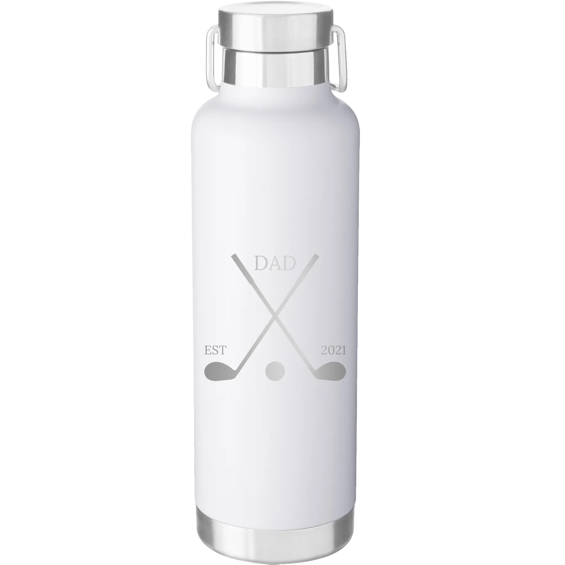 Laser etched white 24 oz vacuum insulated water bottle with 'Dad Est Golf Clubs' design