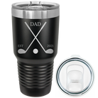 Laser etched black 30 oz vacuum insulated tumbler with 'Dad Est Golf Clubs' design