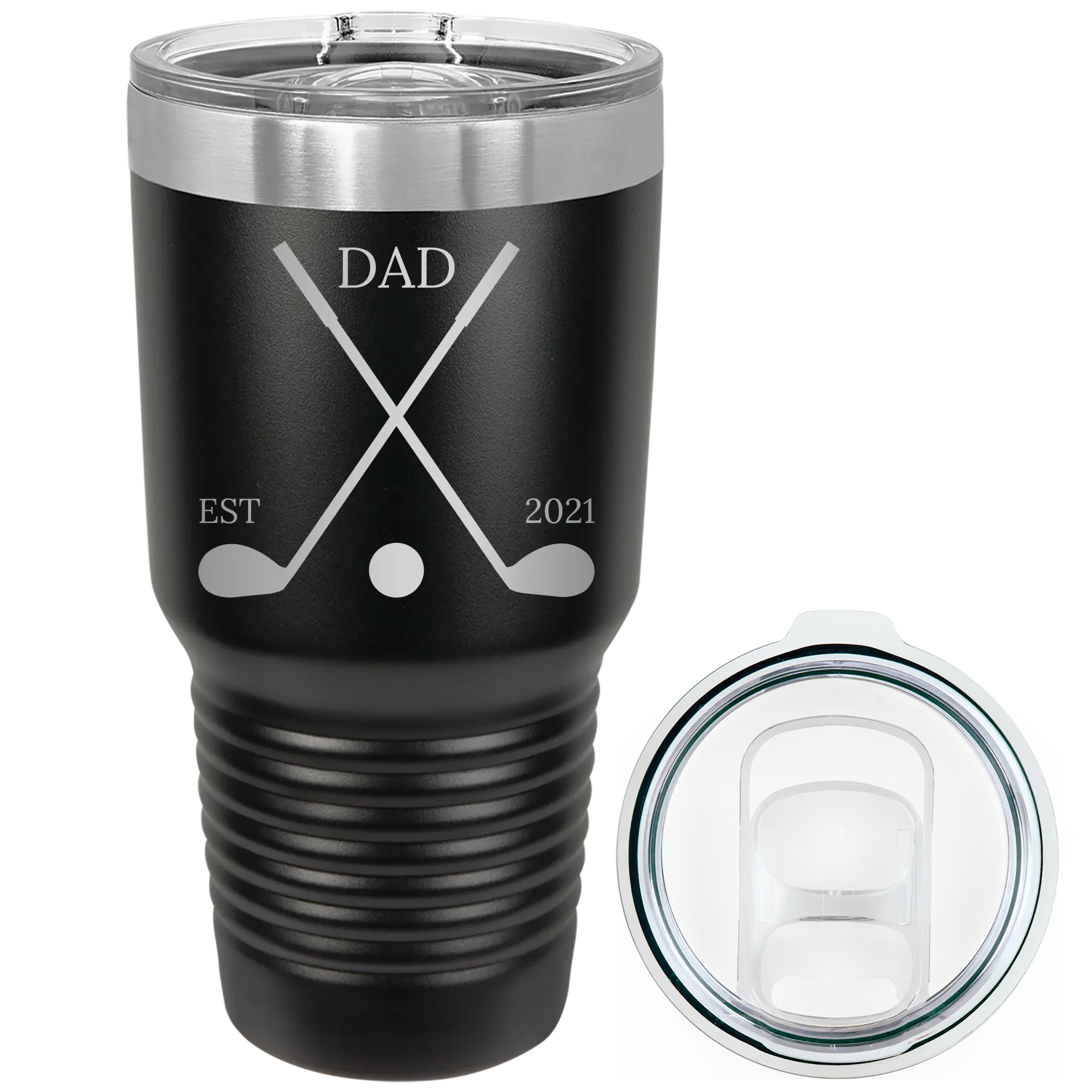 Laser etched black 30 oz vacuum insulated tumbler with 'Dad Est Golf Clubs' design