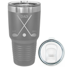 Laser etched dark gray 30 oz vacuum insulated tumbler with 'Dad Est Golf Clubs' design