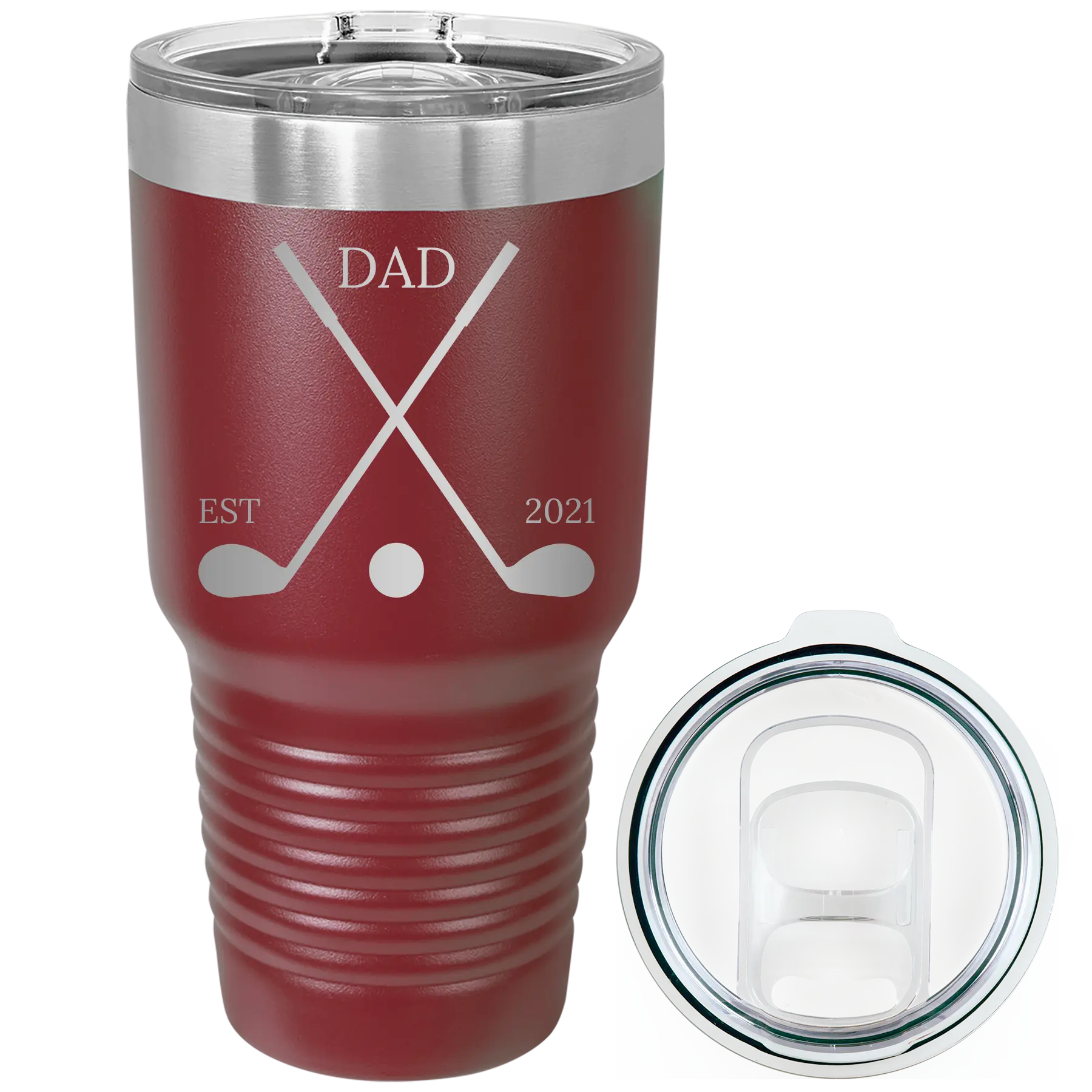 Laser etched maroon 30 oz vacuum insulated tumbler with 'Dad Est Golf Clubs' design