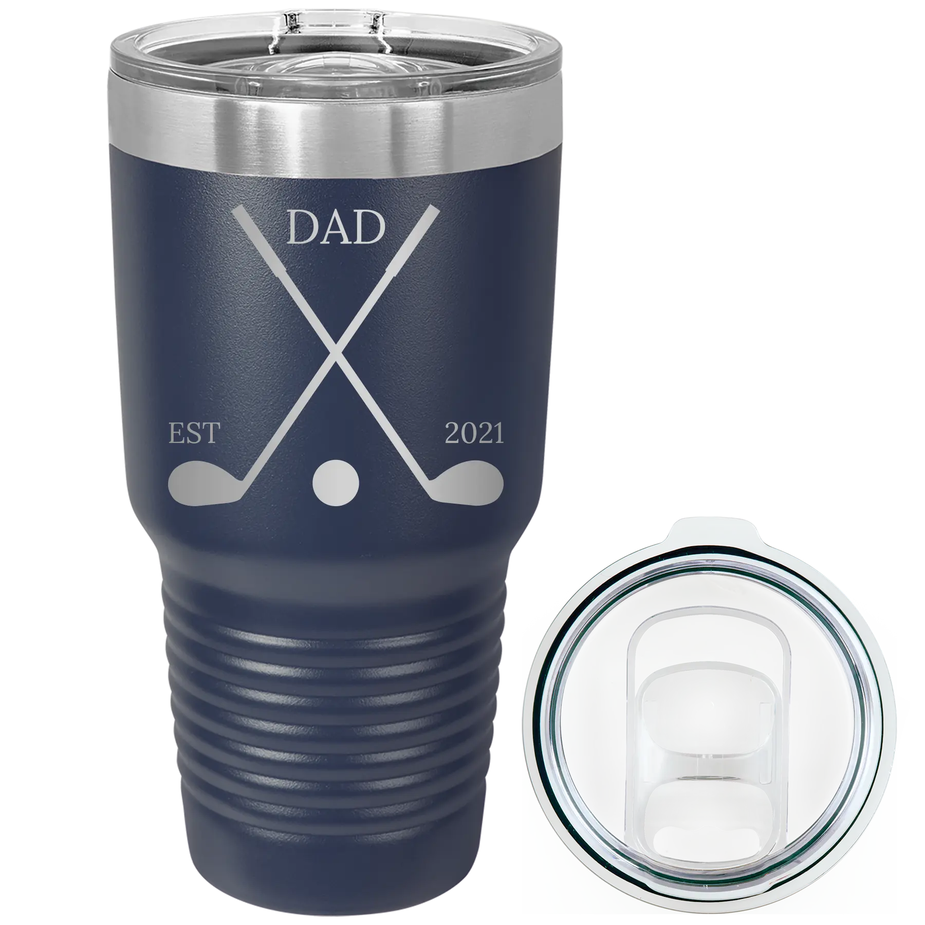 Laser etched navy 30 oz vacuum insulated tumbler with 'Dad Est Golf Clubs' design