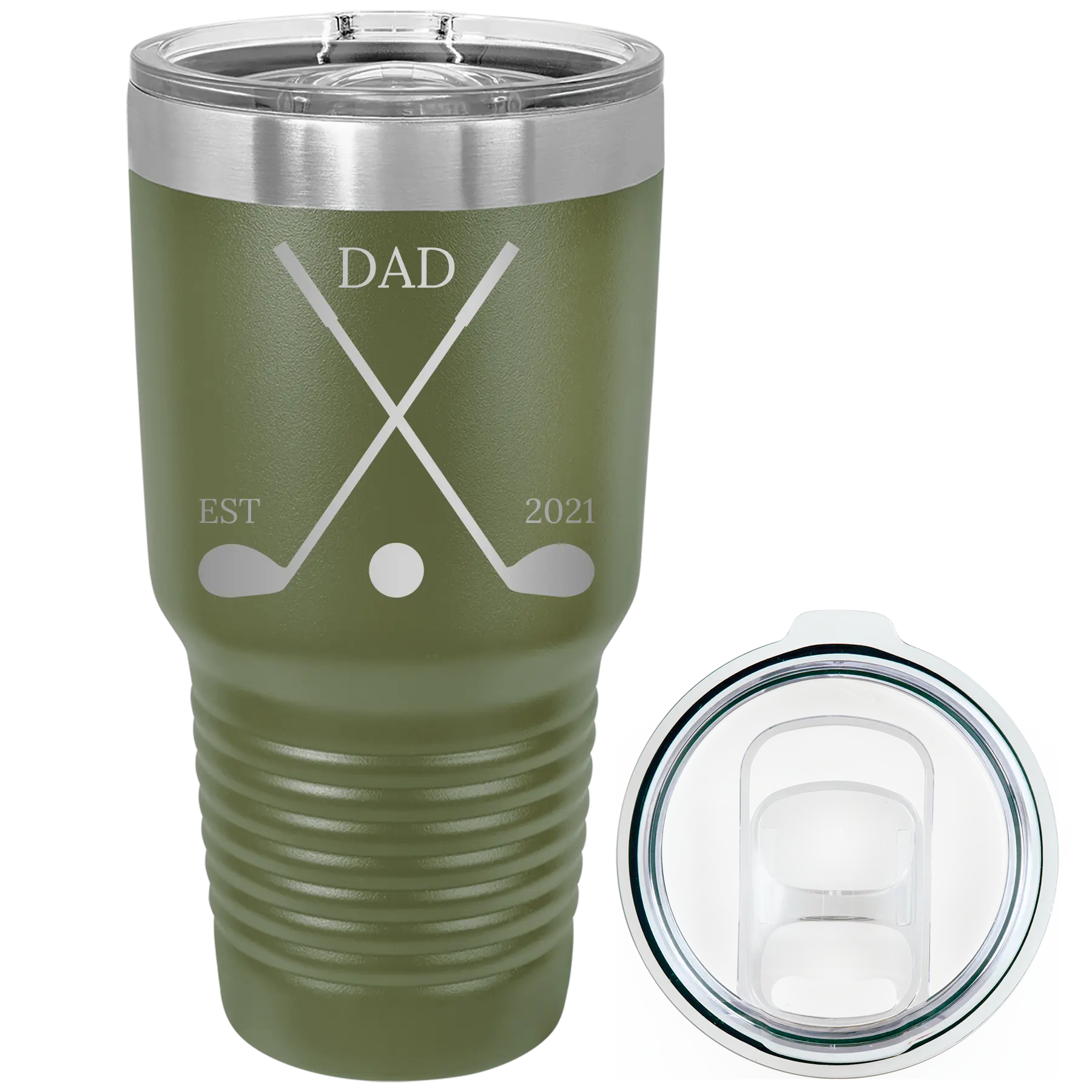 Laser etched olive green 30 oz vacuum insulated tumbler with 'Dad Est Golf Clubs' design