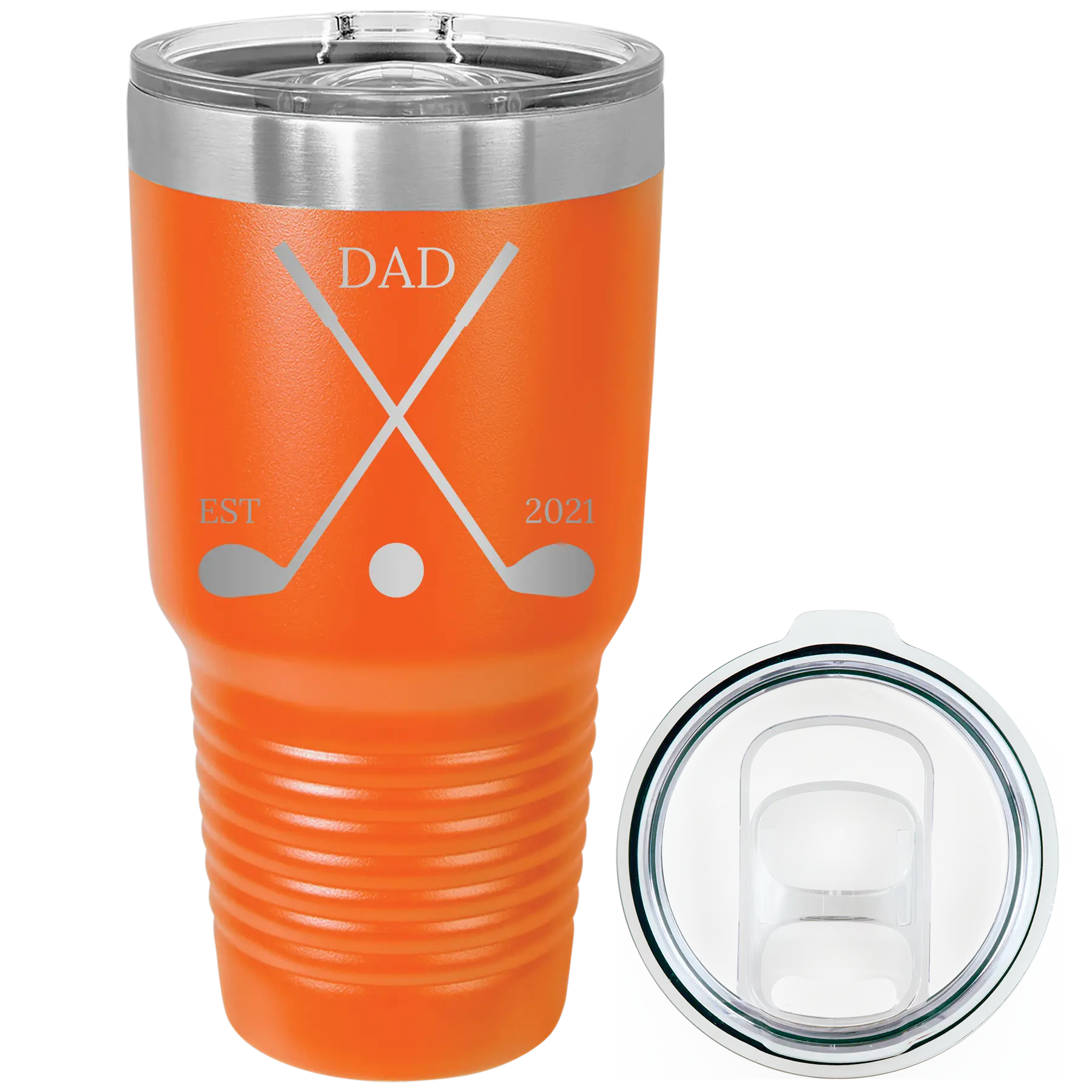 Laser etched orange 30 oz vacuum insulated tumbler with 'Dad Est Golf Clubs' design