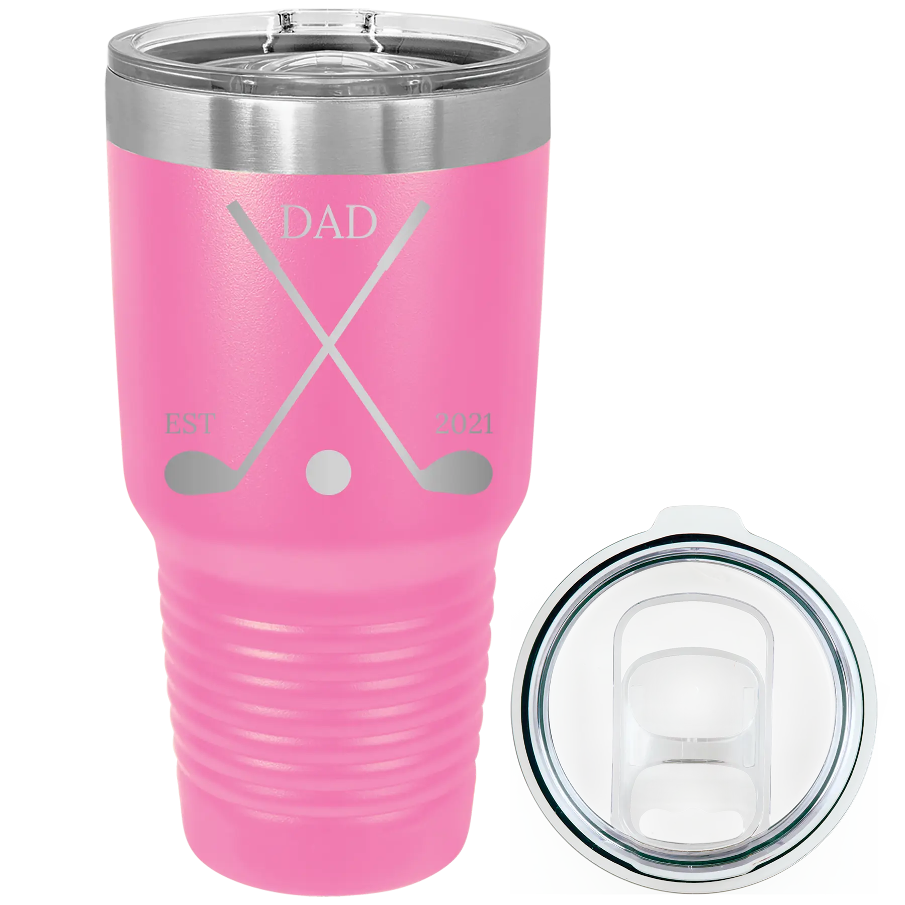 Laser etched pink 30 oz vacuum insulated tumbler with 'Dad Est Golf Clubs' design