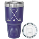 Laser etched purple 30 oz vacuum insulated tumbler with 'Dad Est Golf Clubs' design
