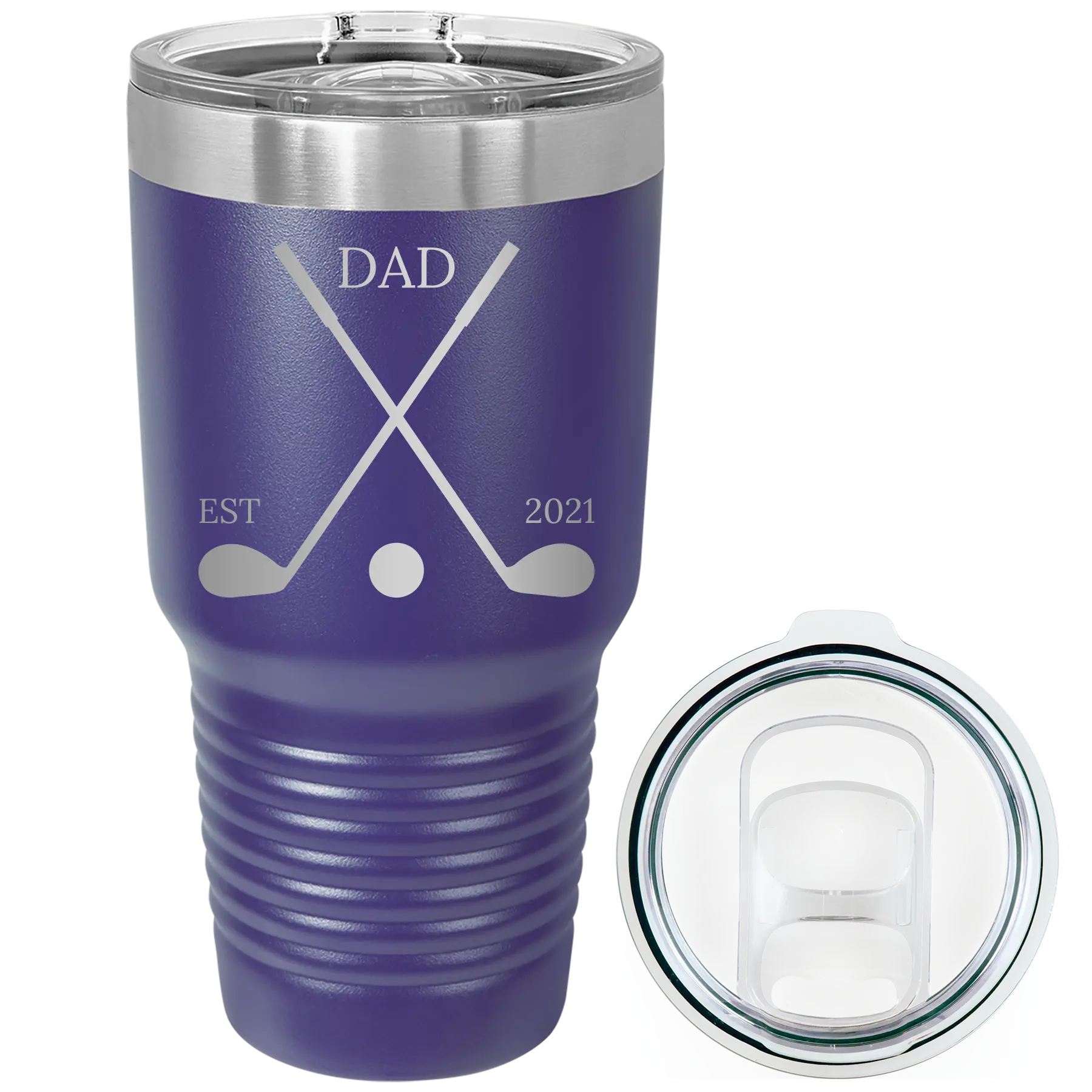 Laser etched purple 30 oz vacuum insulated tumbler with 'Dad Est Golf Clubs' design
