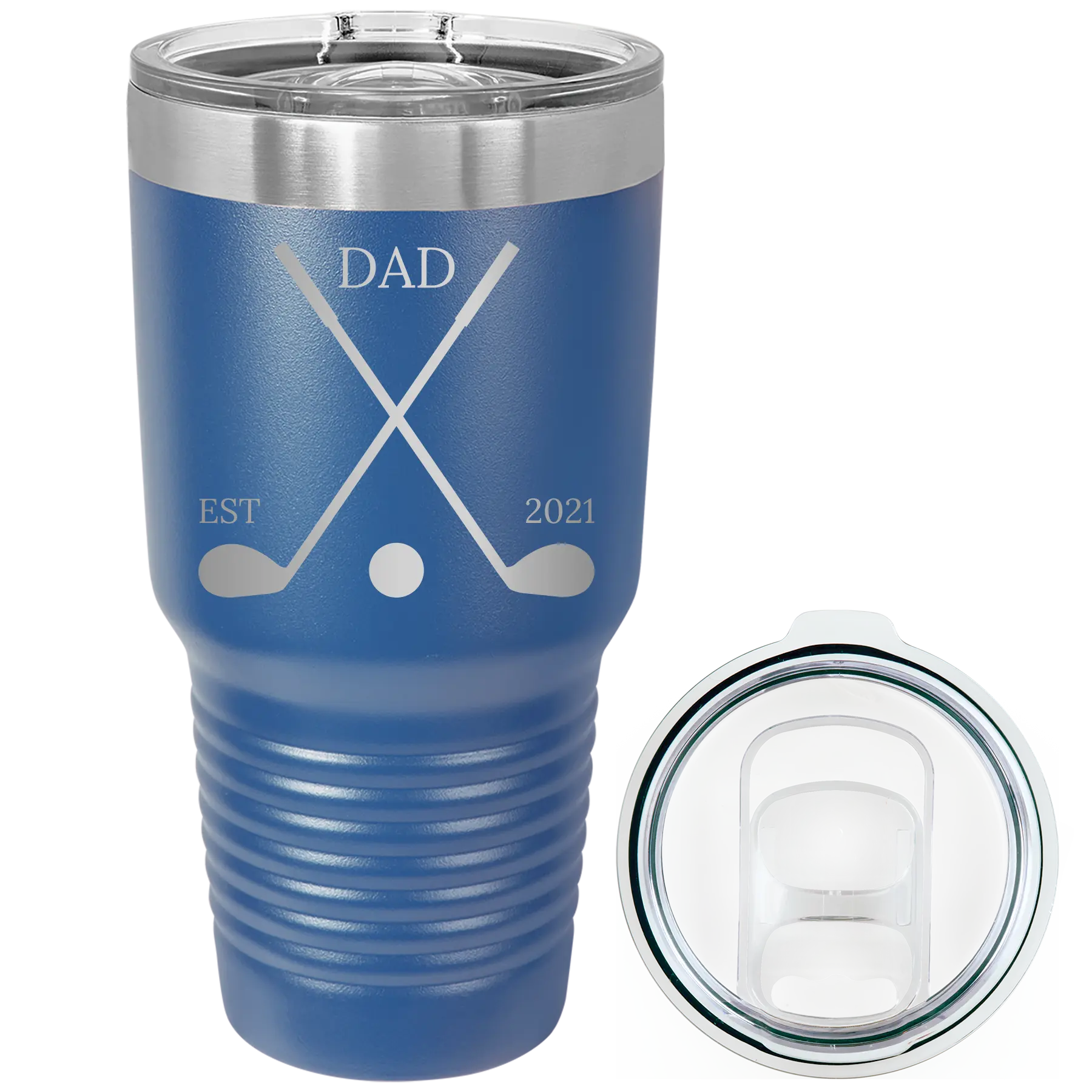 Laser etched royal blue 30 oz vacuum insulated tumbler with 'Dad Est Golf Clubs' design