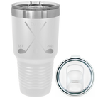 Laser etched white 30 oz vacuum insulated tumbler with 'Dad Est Golf Clubs' design