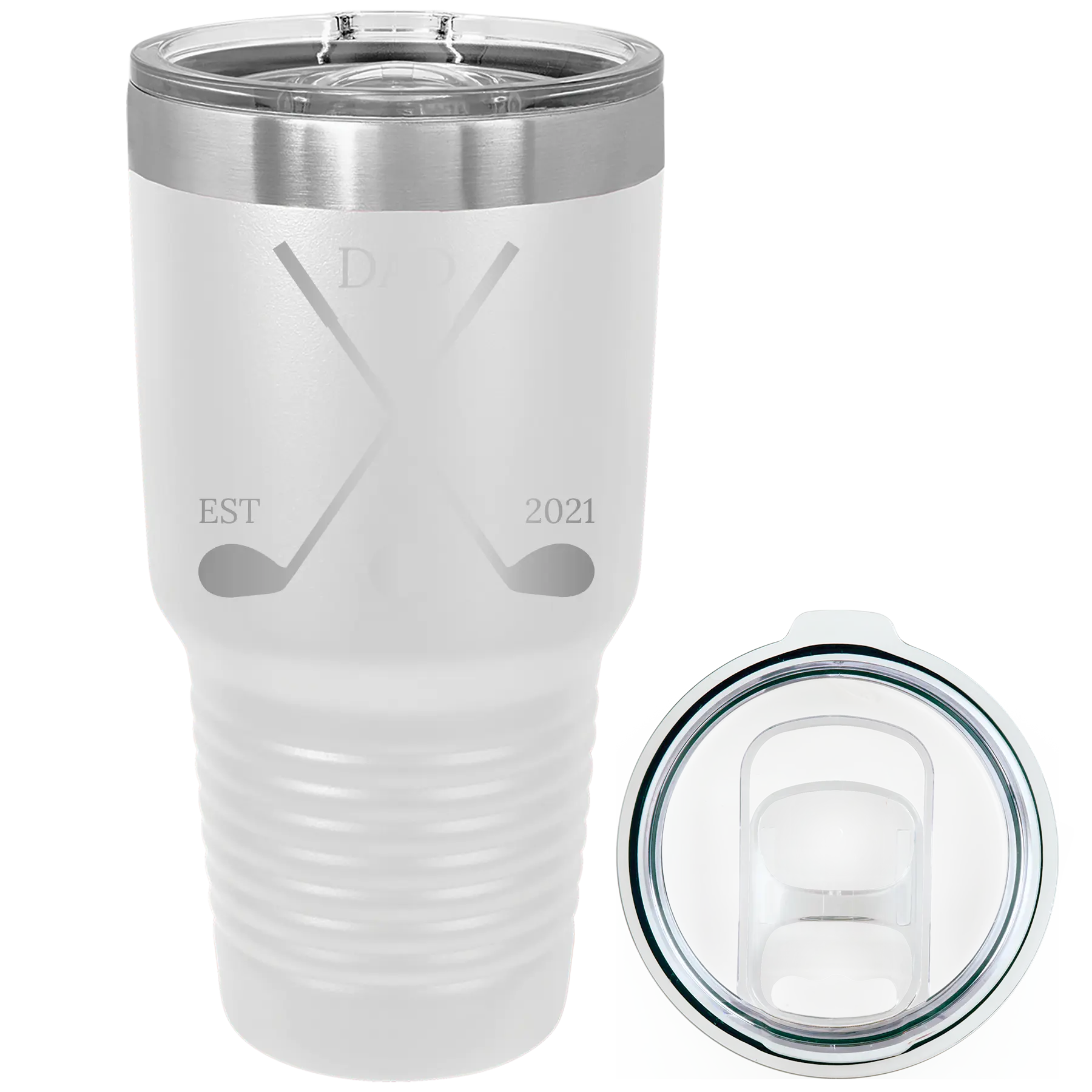 Laser etched white 30 oz vacuum insulated tumbler with 'Dad Est Golf Clubs' design