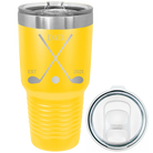 Laser etched yellow 30 oz vacuum insulated tumbler with 'Dad Est Golf Clubs' design
