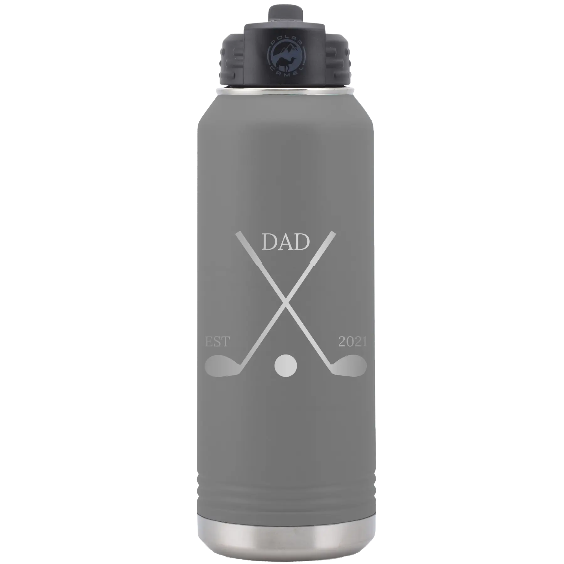 Laser etched dark gray 32 oz vacuum insulated water bottle with 'Dad Est Golf Clubs' design
