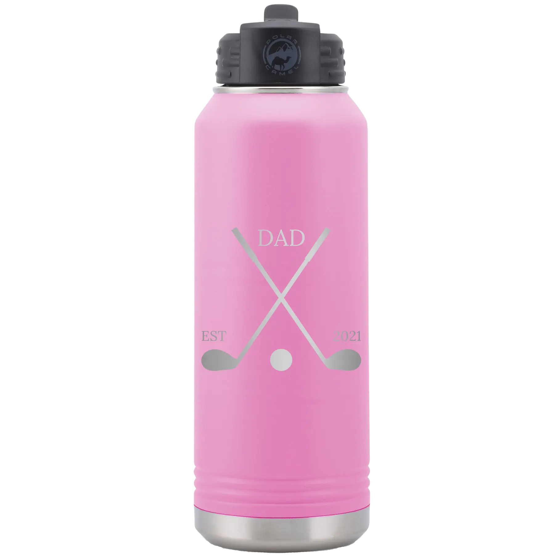 Laser etched light purple 32 oz vacuum insulated water bottle with 'Dad Est Golf Clubs' design