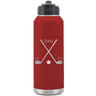 Laser etched maroon 32 oz vacuum insulated water bottle with 'Dad Est Golf Clubs' design