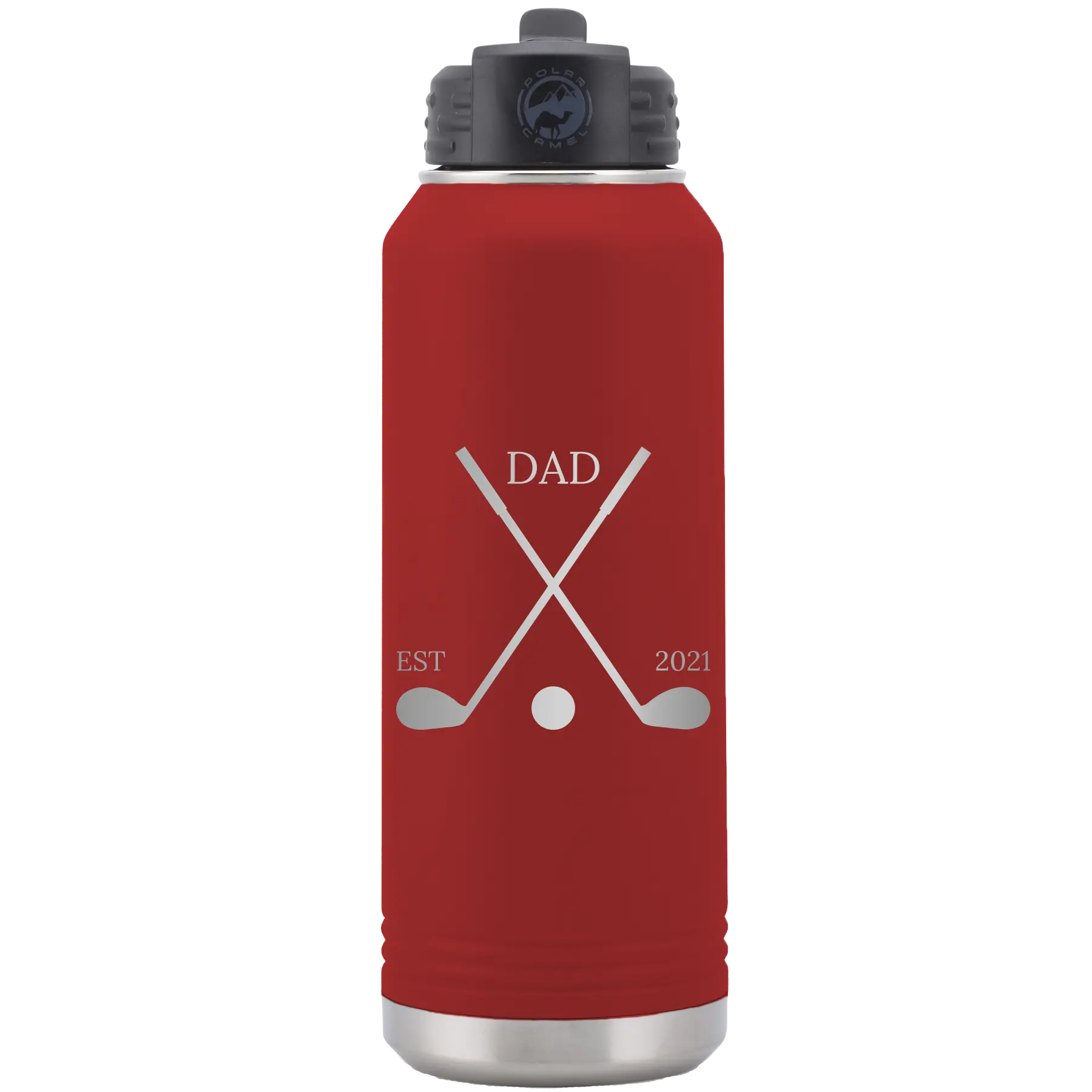 Laser etched maroon 32 oz vacuum insulated water bottle with 'Dad Est Golf Clubs' design