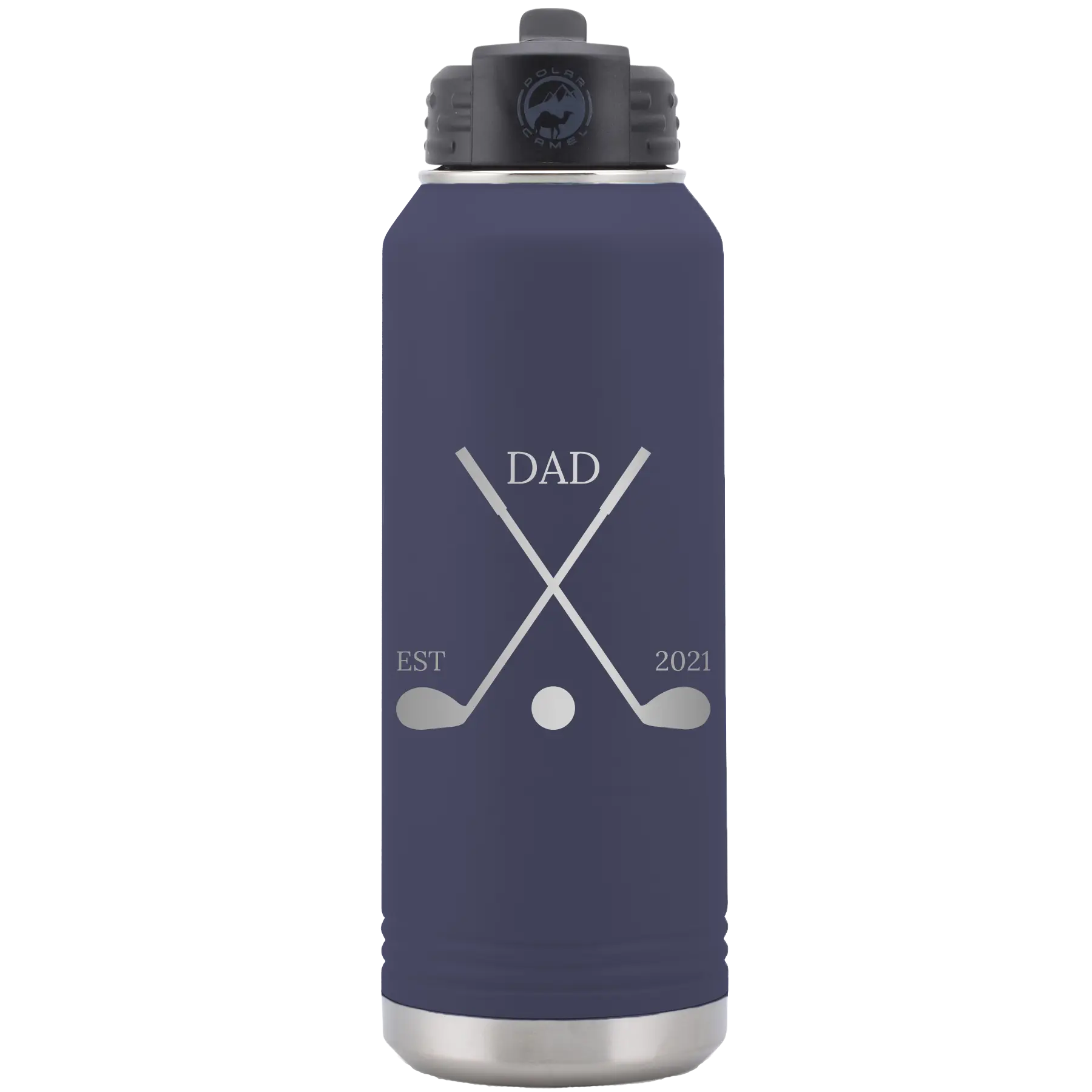 Laser etched navy 32 oz vacuum insulated water bottle with 'Dad Est Golf Clubs' design