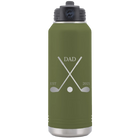 Laser etched olive green 32 oz vacuum insulated water bottle with 'Dad Est Golf Clubs' design